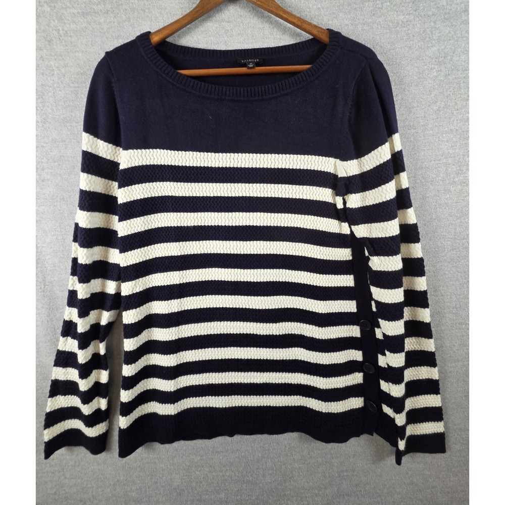 Talbots Sweater M Classic Navy White Stripe Nautical Chunky Knit Side Buttons